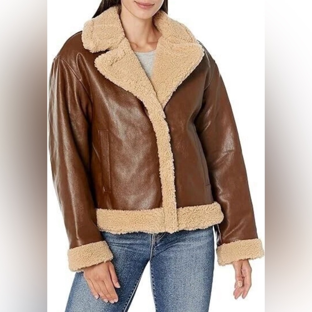 Levi’s Sherpa Lined Faux Leather Bomber Moto Coat - Womens Size XL - Brown
